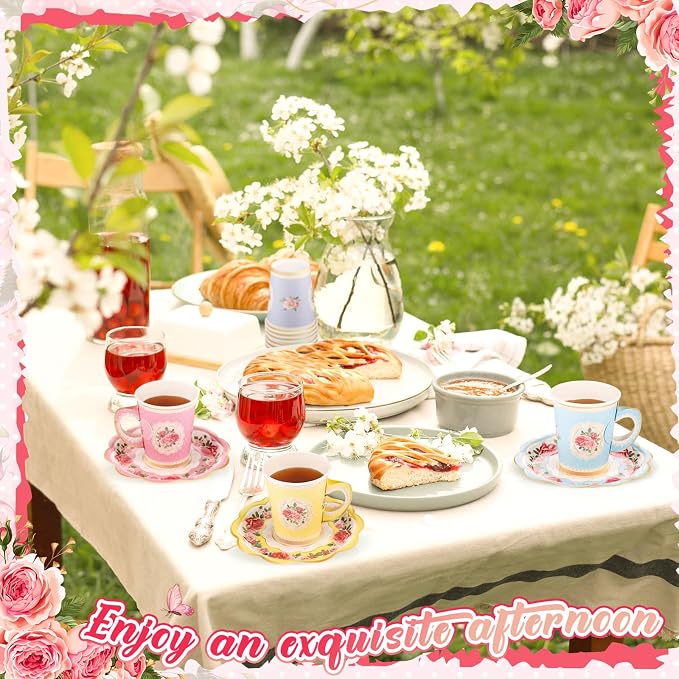 Tioncy 100 Pcs Tea Party Decorations Include 50 Pieces 9 oz Paper Tea Cups - Image 6