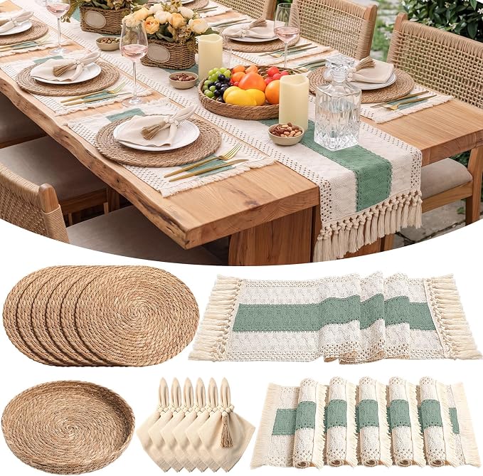 6 Sets Boho Decoration Placemats Round Woven Placemats, Cloth Napkins, Wood by Gandeer