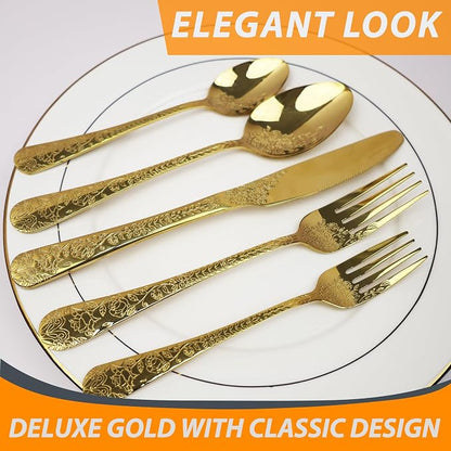 Runfly Modern Carved Floral Gold Stainless Steel 20-Piece Flatware Set | - Image 5