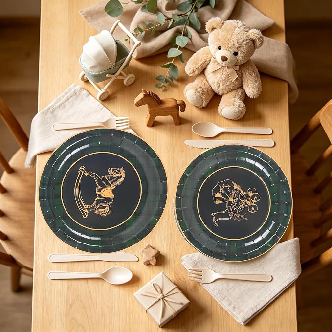 Whaline 48Pcs Baby Shower Paper Plates, Tartan Plaid, Rocking Horse, Gender - Image 4