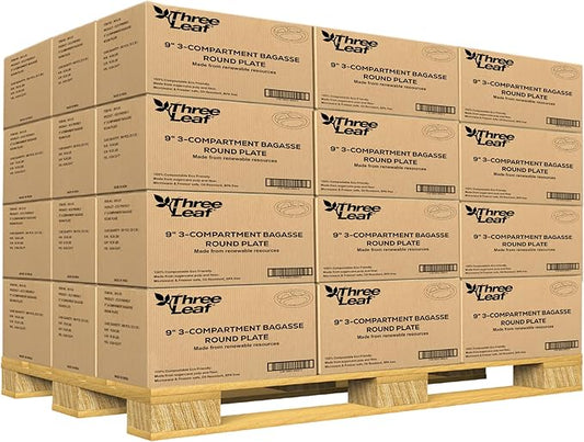 three leaf 9" 3 COMPARTMENT BAGASSE ROUND PLATE, 9,000 Ct. (18 cases x 500 plates) Heavy-Duty- Super Strong- Natural- Eco-Friendly Disposable Bagasse Plates.