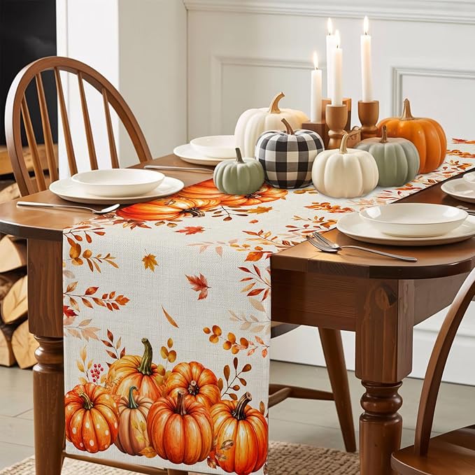 Orange Pumpkins Table Runners 72 Inches Long, Fall Thanksgiving Cotton Linen - Image 4