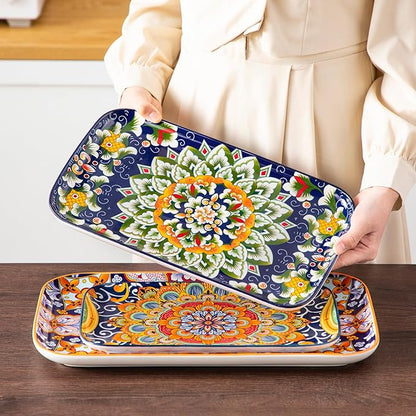 vancasso Serving Platters Set of 3, 16"/14"/12" Inch Rectangular Trays - Serving Platter Extra Large, Ceramic Bohemian Serving Dish for Entertaining Food, Microwave & Dishwasher Safe, Colorful