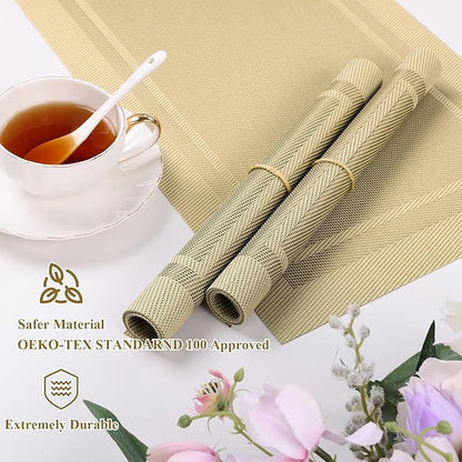 SHACOS Woven Plastic Placemats Set of 4 Wipe Clean Heat Resistant Place Mats for Dining Table PVC Weave Table Mats Indoor Outdoor (4, Frame Beige)