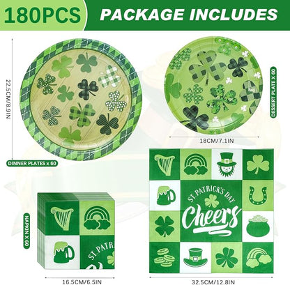 180PCS St.Patrick's Paper Plates and Napkins Party Supplies Serve 60 | Shamrock - Image 2
