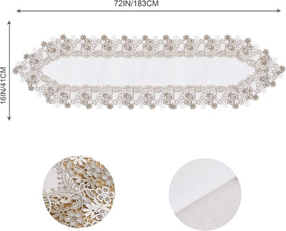 White Beige Floral Lace Table Runner Dresser Scarf | Floral Lace Border - Image 6