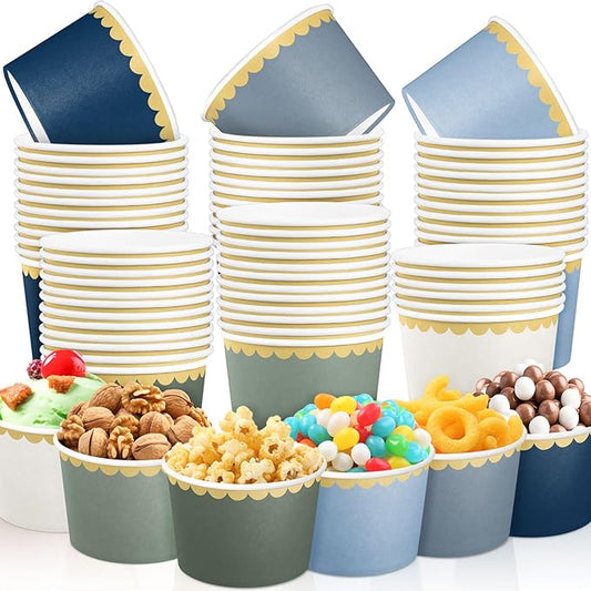 Zopeal 48 Pcs Dusty Blue and Green Disposable Ice Cream Bowls 9oz Blue Gradient Color Paper Snack Cups with Gold Scallop for Parties, Weddings, Baby Showers, Desserts, Yogurt, and Salads