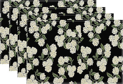 Spring Place mats Set of 4,12x18 Inches Black Beige Hydrangea Floral Decorative Summer Decor Flower Placemats Rectangle Spring Table Mats for Party Home Kitchen Dining Table Decoration