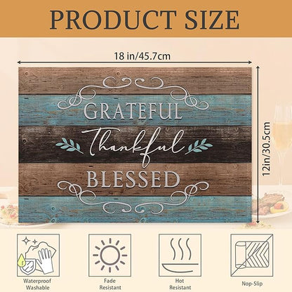 Thankful Grateful Blessed Placemats Set of 6 Place Mats for Kitchen Table Washable Farmhouse Linen Table Mats Dining Decoration 12x18 Inch