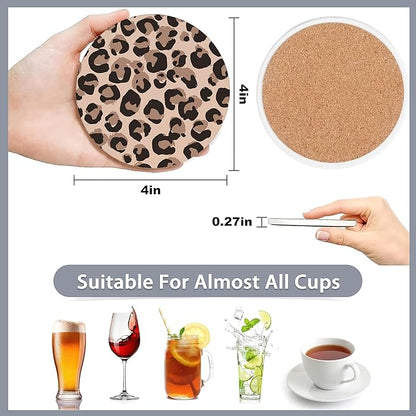 Drink Coasters Set of 6 with Holder,Leopard Print Brown Grey Gold Pink Absorbent Ceramic Coasters with Cork Base,Fit All Cups,Tabletop Protection Mat for Mugs and Cups,Office,Kitchen