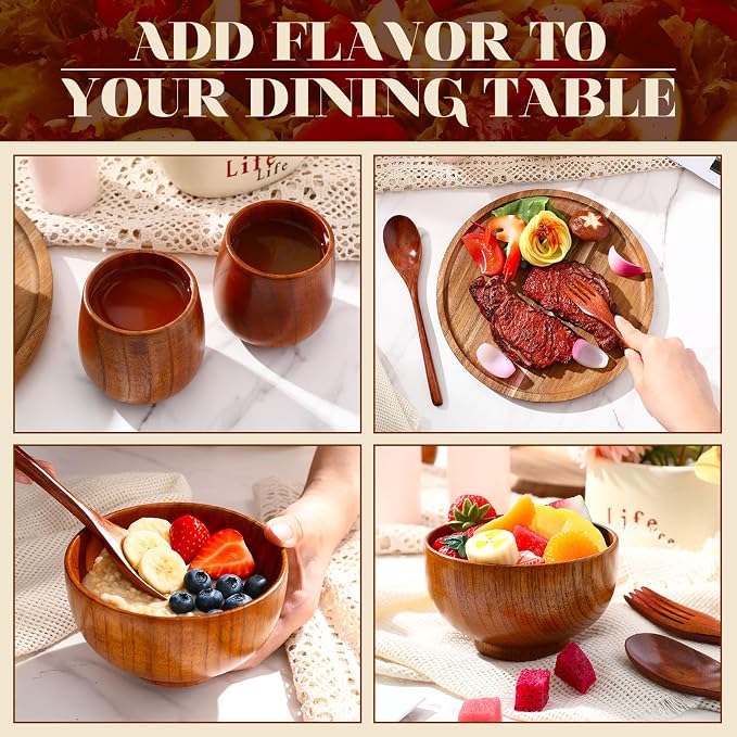 20 Pcs Acacia Wood Dinnerware Set 10 Inch Round Wooden Plates Bowls Tea Cups - Image 5