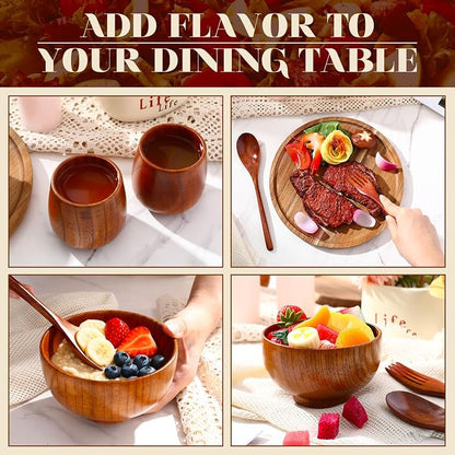 20 Pcs Acacia Wood Dinnerware Set 10 Inch Round Wooden Plates Bowls Tea Cups - Image 5