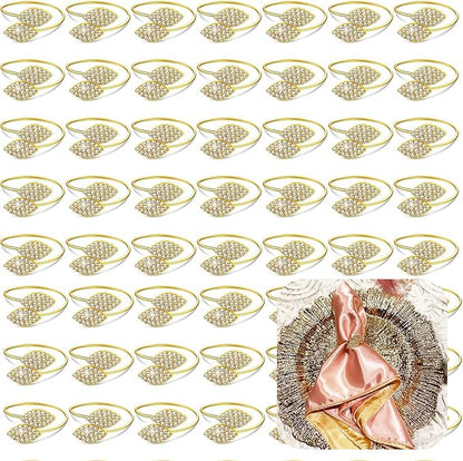 Set of 100 Napkin Rings Metal Gold Elegant Bling Leaves Rhinestone Napkin Ring, Napkin Rings Bulk Dinner Banquet Serviette Decor, Dining Table Setting for Thanksgiving Christmas Holiday Wedding Party