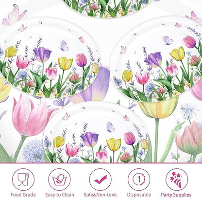 50 Pcs Tulip Oval Paper Plates Large 10" x 12" Tulip Lavender Floral Plates Disposable Heavy Duty Butterfly Flower Plates for Easter Spring Wedding Bridal Baby Shower Decor Birthday Tea Party Supplies