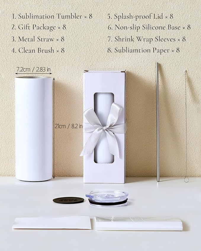 8 Pack 20oz Sublimation Tumbler Blanks Skinny Straight in Bulk | Stainless - Image 2