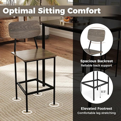 COSTWAY Dining Table Set for 4, 5-Piece Square Kitchen Nook Dinette Set with 4 Bar Stools with Footrest, Backrest, Space-Saving Design, Industrial Kitchen Table and Chairs for Apartment, Grey