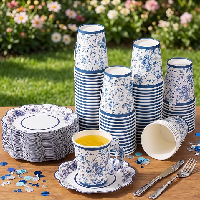 FillTouch 100 Sets Blue Floral Paper Tea Cups and Saucers Disposable Paper Tea - Image 4