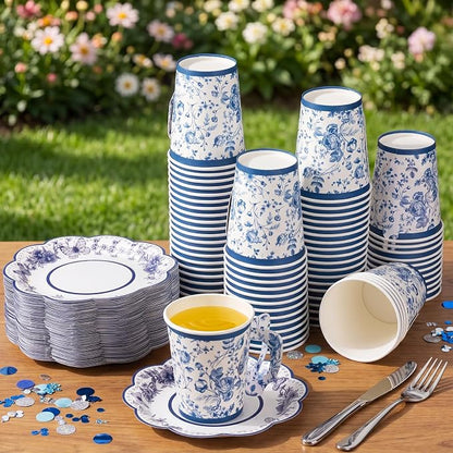 FillTouch 100 Sets Blue Floral Paper Tea Cups and Saucers Disposable Paper Tea - Image 4