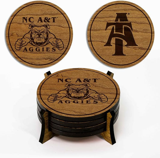 LazerEdge NC A&T Aggies Wooden Coaster Set - Cherry Wood - Officially Licensed Product - 4-Pack