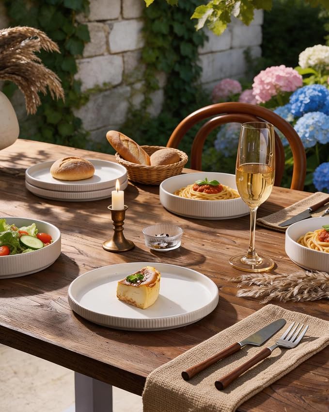 Stoneware Dinnerware Set for 4, 8-Piece Wide Pasta Bowls and Salad Plates | - Image 3