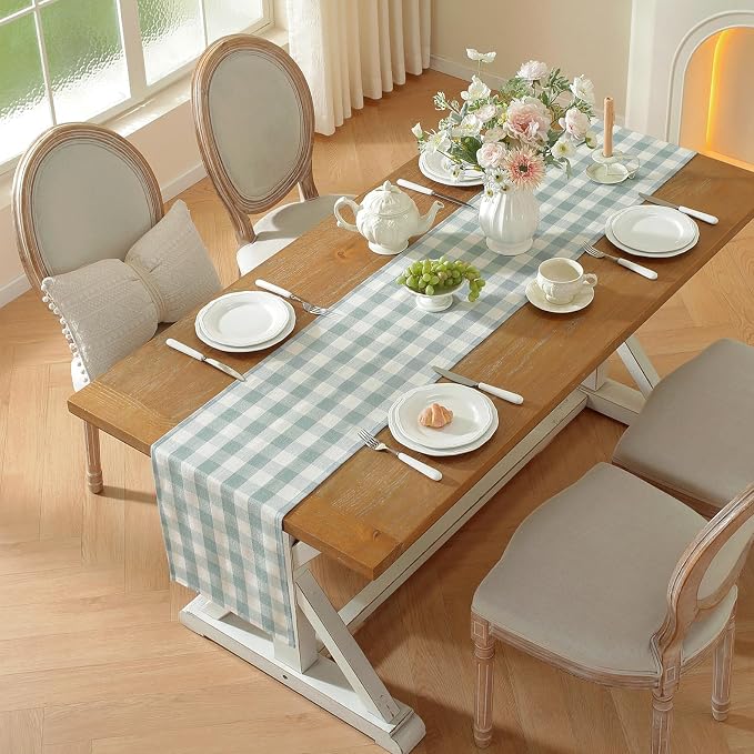 Laolitou Spring Blue Checkered Table Runner, Cotton Linen Gingham Easter Table - Image 2