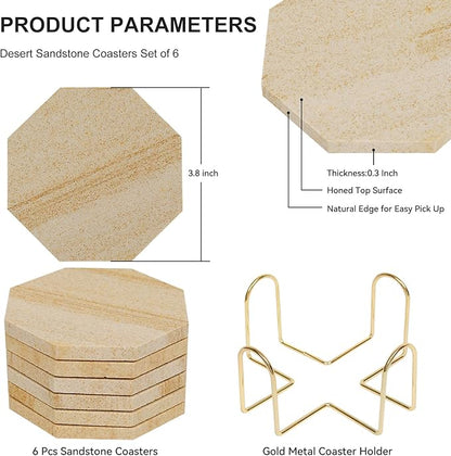 Highly Absorbent Sandstone Coasters Set of 6 with Holder, Octagonal Desert-Like Patterns Australian Sandstone Bar/Drink Coasters for Coffee Table, Office Desk, Outdoor, Bedroom Nightstand