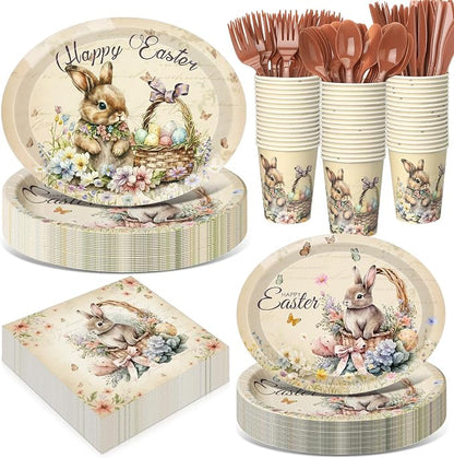 350 Pcs Easter Bunny Oval Paper Plates Set by Pajean