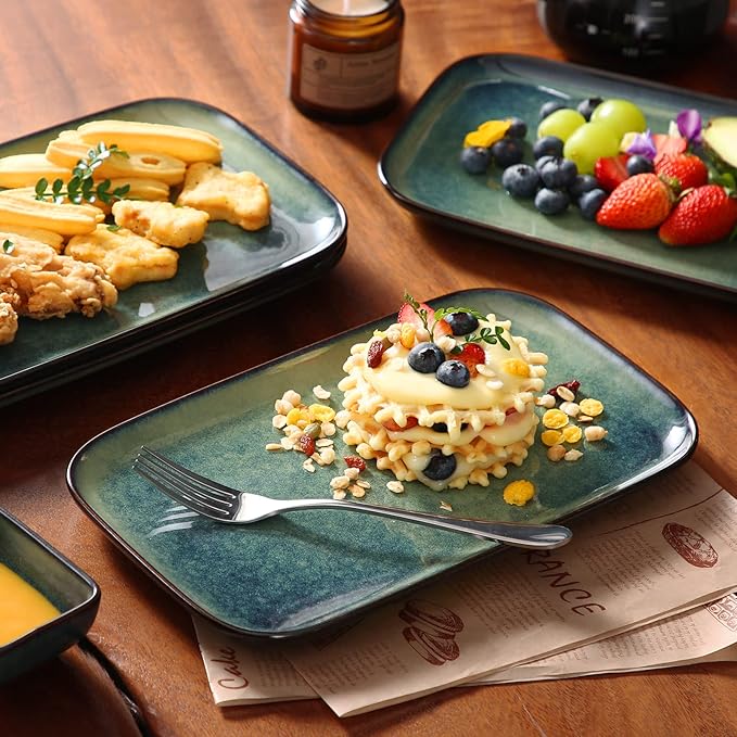 vancasso Stern Serving Platters Set of 4, 11 Inches Rectangular Ceramic Serving Plates, Green Serving Trays for Entertaining