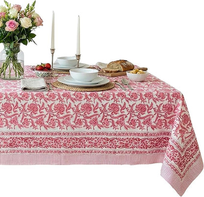 ATOSII Red Bloom 100% Cotton Tablecloth, Handblock Print Rectangle Table Cover for Kitchen Dining I Tabletop Linen I Parties, Wedding, Spring Summer Table Cloth 60 X 108 Inches