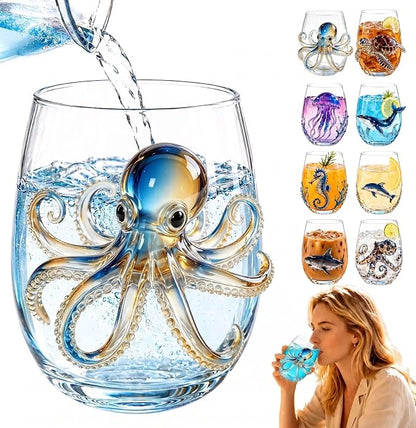 Golden Octopus Artisanal Glassware, 3D Stemless Wine Glasses Cup | Handcrafted by Unknown
