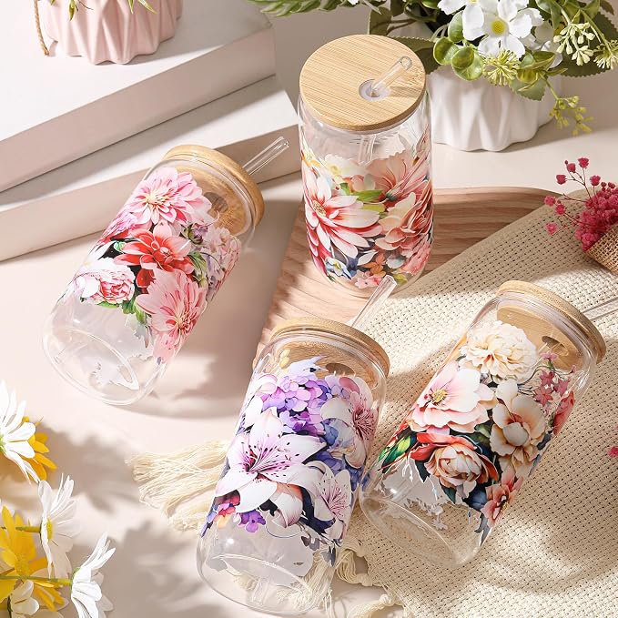 Mumufy 4 Pack Wildflower Glass Cups Gift Aesthetic Cute Glass Cup Tumbler - Image 5