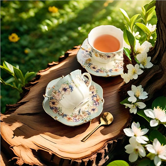 TATSUMI Country Roses Bone China Tea Cup and Saucer Set, 3 Pieces, Vintage Style - Image 4