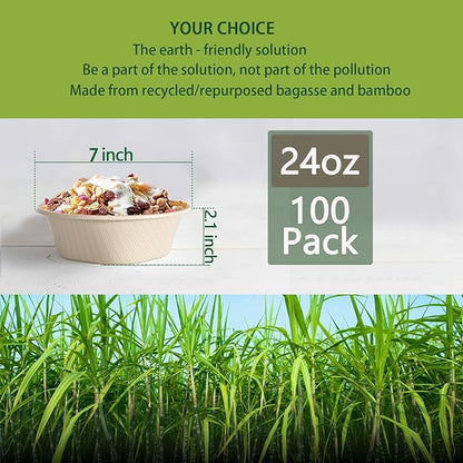 24 Oz Disposable Bowls, [100 Pack] Paper Bowls Disposable - Heavy Duty and Eco-friendly Sugarcane and Bamboo Bagasse Biodegradable Bowls for Cereal, Rice, French Fries - Convenient and Compostable