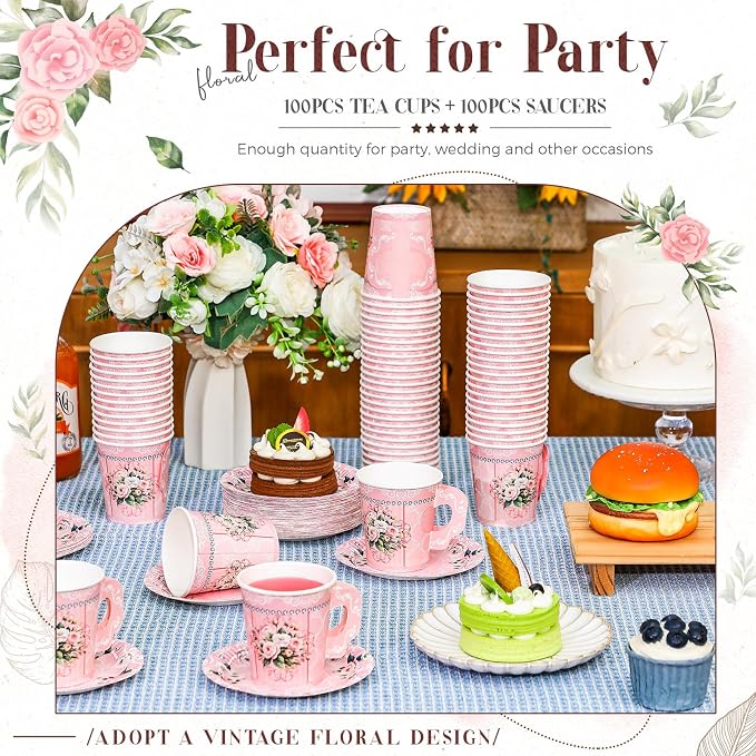 Nuogo 200 Pcs Floral Paper Tea Cups and Saucers 7 oz Disposable Paper Teacups - Image 6