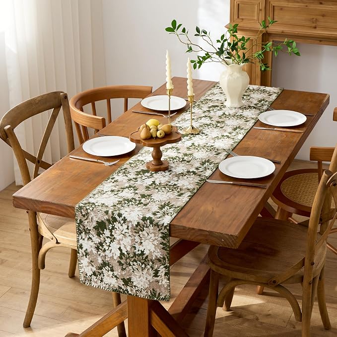 ORTIGIA Vintage Floral Table Runner, Boho Chenille Green and Taupe Farmhouse - Image 3
