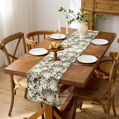 ORTIGIA Vintage Floral Table Runner, Boho Chenille Green and Taupe Farmhouse - Image 3