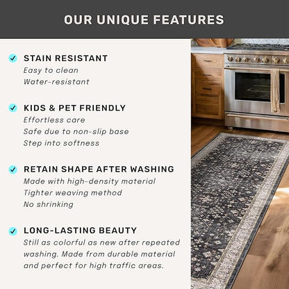 Large 3x5 Entryway Rug Indoor - Washable Non-Slip Low Pile Ultra Soft Area Rug for Large Kitchen, Bedroom Bedside, Mudroom - Distressed Boho Modern Aesthetic Geometric Decor, Ashen/Multi