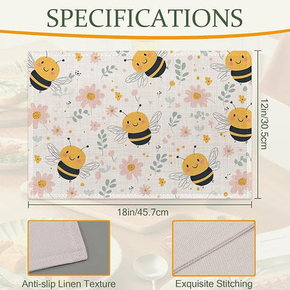 Table Placemats Set of 6,Cute Bee Cloth Placemats,Spring Flowers Heat-Resistant Table Mats for Kitchen Dining Room Decoration,Non-Slip Fabric Place Mats 11.8x17.7 Inch