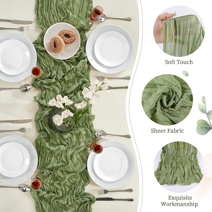 AGIRL 12 Pack Sage Green Cheesecloth Table Runner 10FT Boho Home Decor | Rustic - Image 3