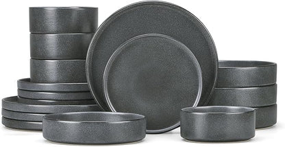 Herogo 16 Piece Plates and Bowls Set, Ceramic Dinnerware Sets with Pasta Bowls, Kitchen Dinner Ware Dishes Service for 4, Chip & Scratch Resistant Dishware, Dark Gray