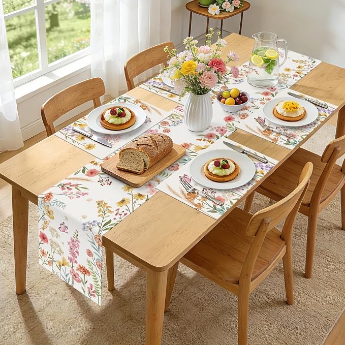Bonhause Spring Floral Table Runner 13x72 Inch Pink Flowers Green Leaves - Image 4