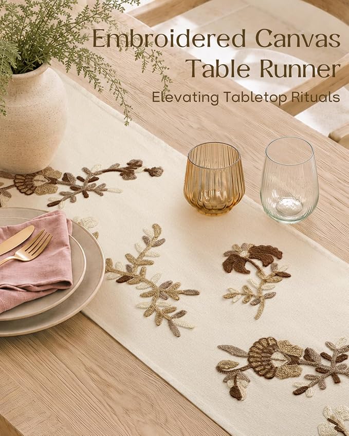 Embroidered Canvas 13"x 72" Narrow Table Runner, Dried Flower | Exquisite - Image 2