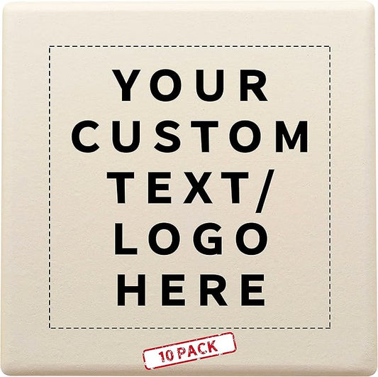 10 4" Square Ceramic Coasters Set - Customizable Text, Logo - Cork Bottom, Serve Ware - Natural