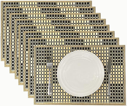 ANDSTAR Set of 8 Pcs Bamboo Placemats Rectangle Table Placemats Natural Anti-Slip Washable Heat-Resistant Table Mats for Dining Room and Kitchen(Plaid Natural Color)
