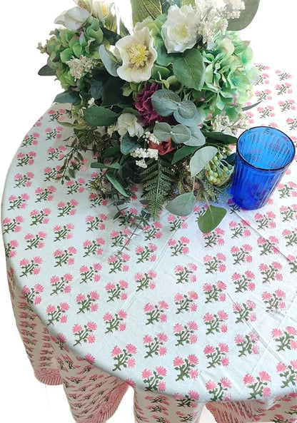 ATOSII Gulbahar White Pink 100% Cotton Spring Summer Round Tablecloth, Block Print Table Cloth for Dining, Weddings, Outdoors, Parties, Grand Millenial Home Decor 60" Inches I