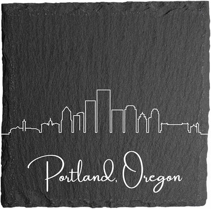 Blue Ridge Mountain Gifts - Portland OR Skyline Coasters, Set of 4 - Portland Oregon Souvenir, Slate Coasters with Minimalist Skyline, Housewarming Gift for Friends, Family, & Neighbors