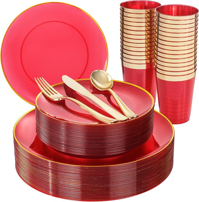 LIYH 180 Pcs Clear Red Plastic Plates Disposable by LIYHLoveinyourheart