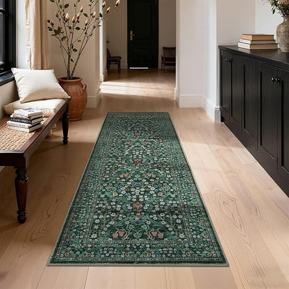 GarveeHome Washable Kitchen Runner Rug, Floral 2x6 Rug for Hallway Non Slip Stain Resistant, Ultra-Thin Boho Soft Hallway Rug Botanical Carpet for Entryway, Laundry Room, Bathroom Dark Green