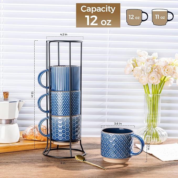 GBhome 12 OZ Stackable Coffee Mugs Set of 4, Ceramic Coffee Cups Set | Coffee - Image 3