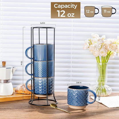 GBhome 12 OZ Stackable Coffee Mugs Set of 4, Ceramic Coffee Cups Set | Coffee - Image 3